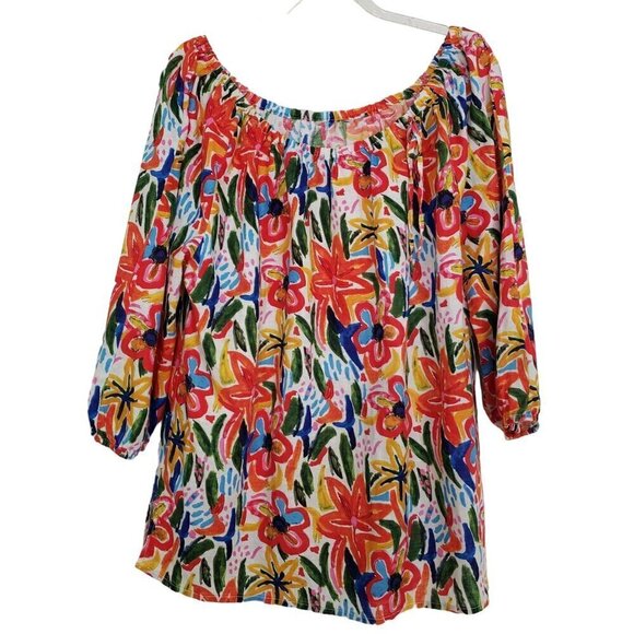 Linen Blend Floral Shirt Colorful Bright Tropical Vacation Womens Size Large - Picture 1 of 12